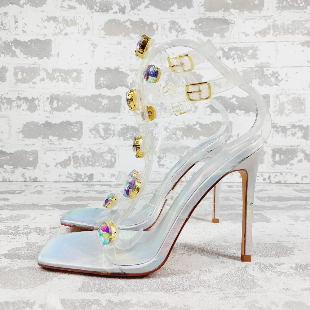 New AZALEA WANG Tonia Rhinestone Clear Strappy Ankle Heel Sandal W1096